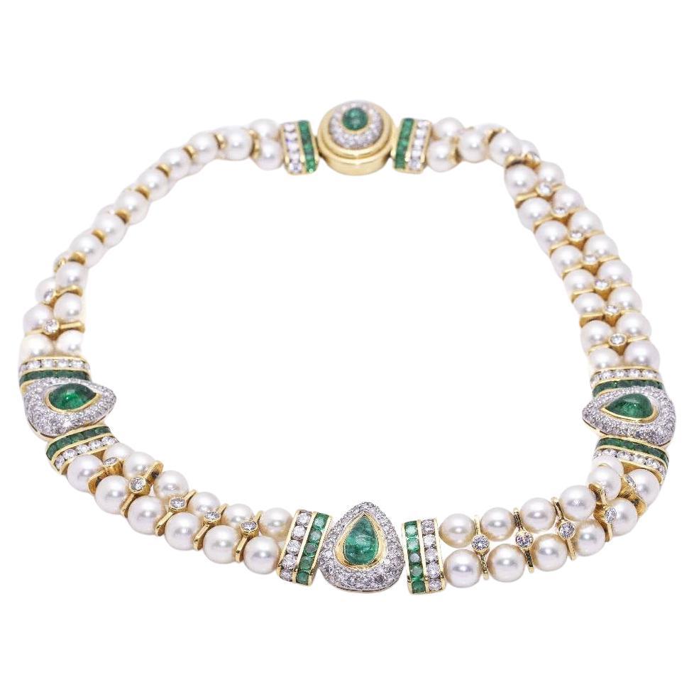 PEARL CHOKER Diamond and Emerald Necklace For Sale