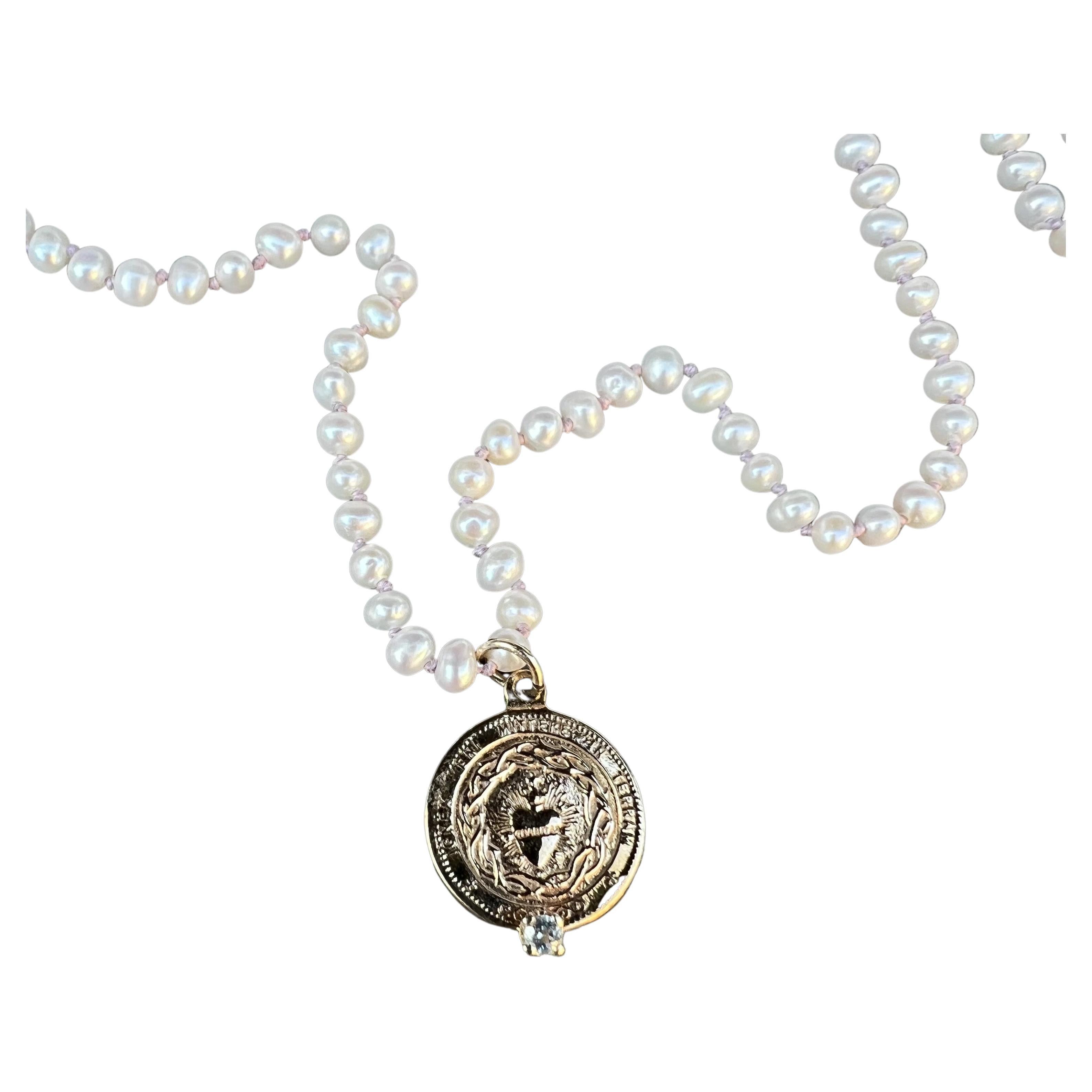 Pearl Choker Necklace Aquamarine Heart Medal J Dauphin