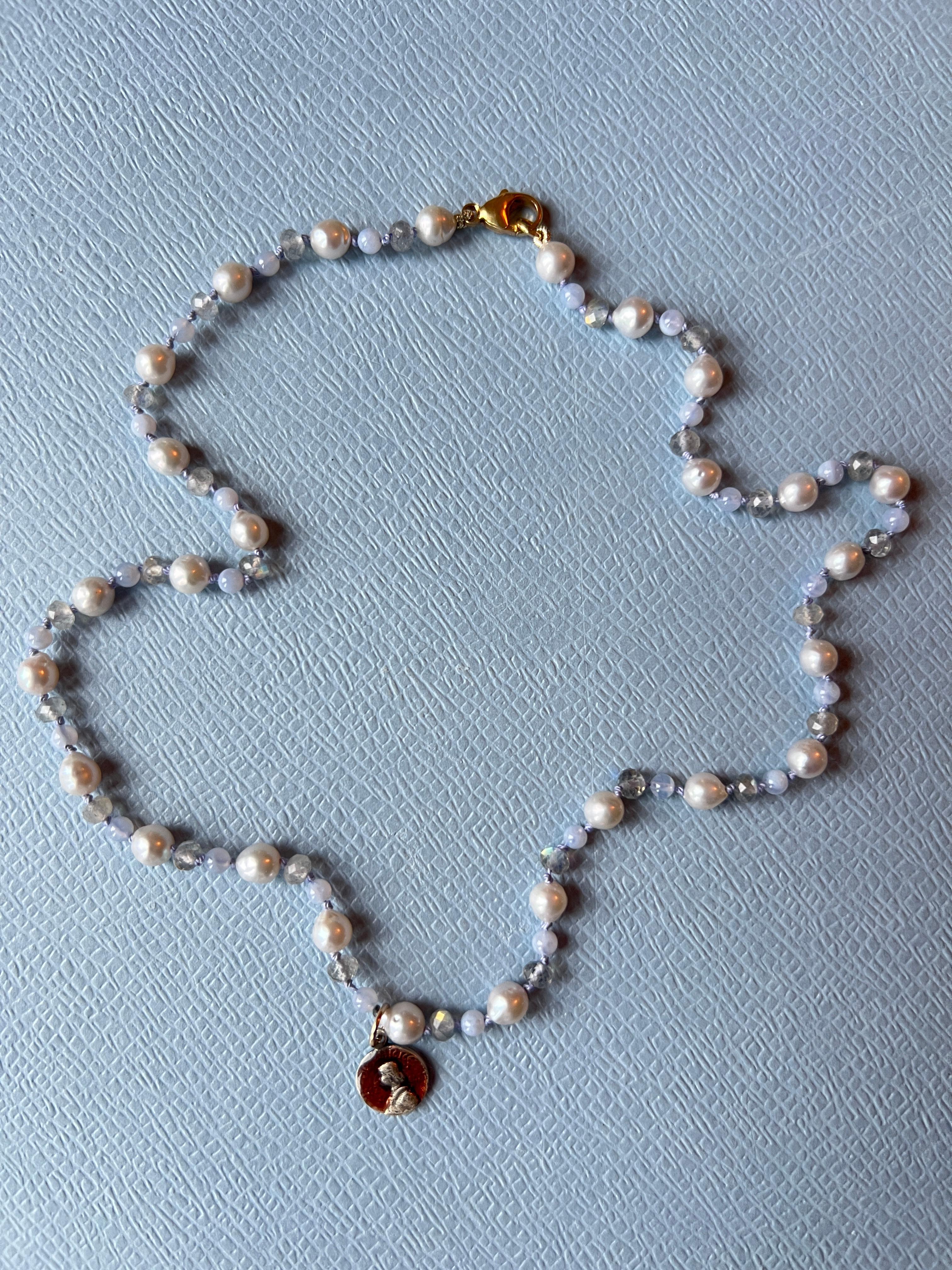 Modern Pearl Choker Necklace Medal Light Blue Bead Labradorite Joan of Arc For Sale