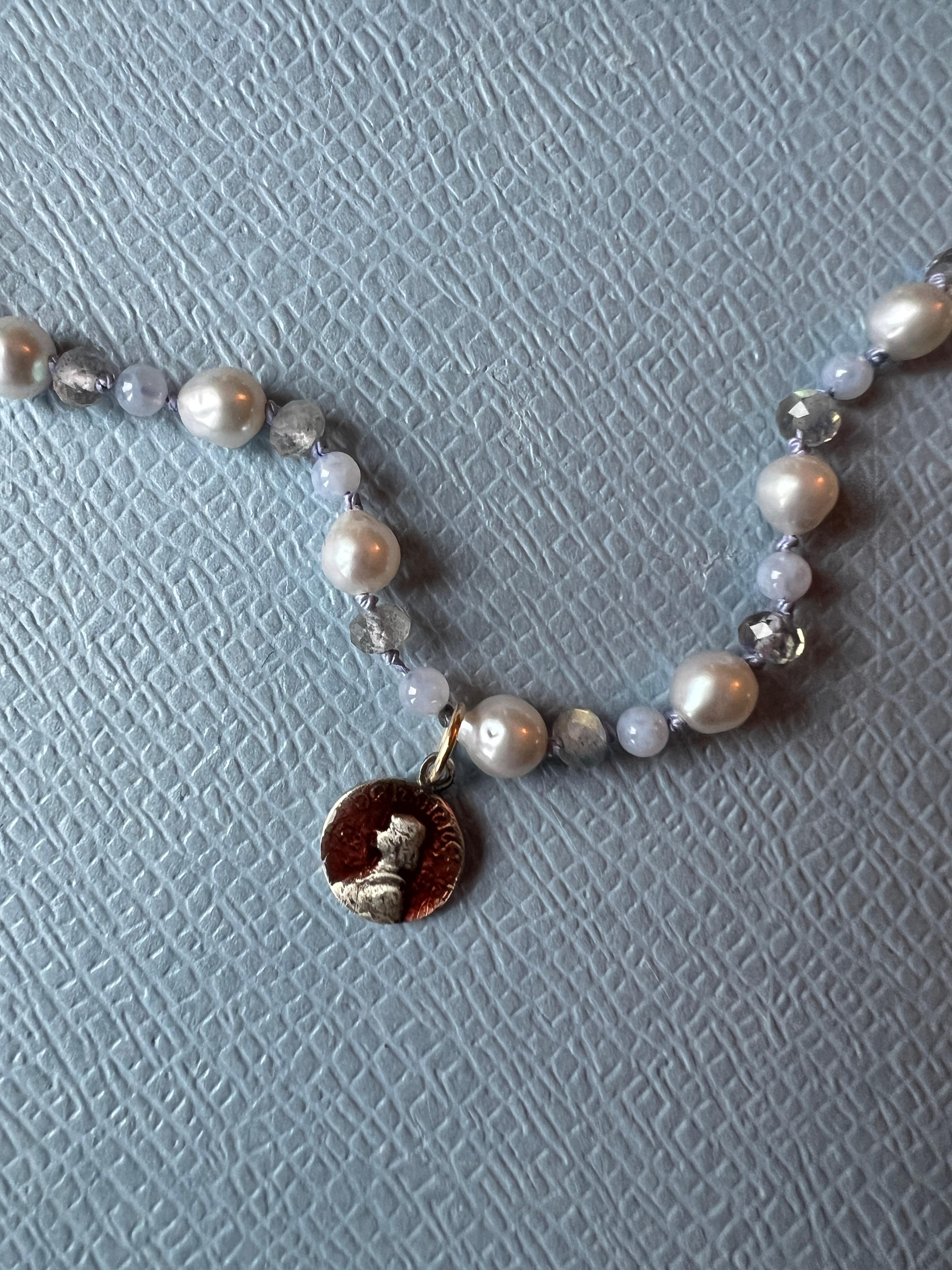 Pearl Choker Necklace Medal Light Blue Bead Labradorite Joan of Arc In New Condition For Sale In Los Angeles, CA