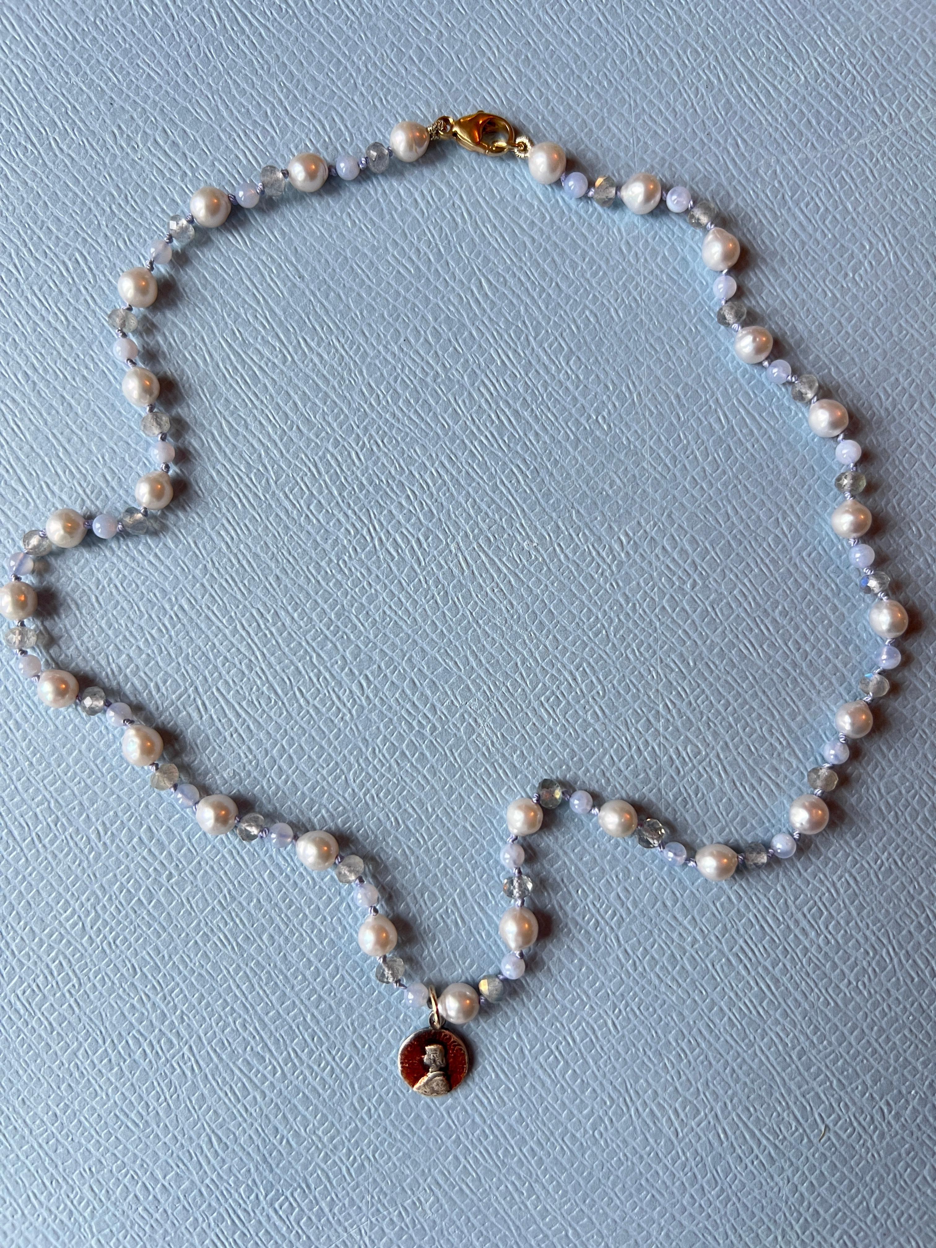 Women's Pearl Choker Necklace Medal Light Blue Bead Labradorite Joan of Arc For Sale