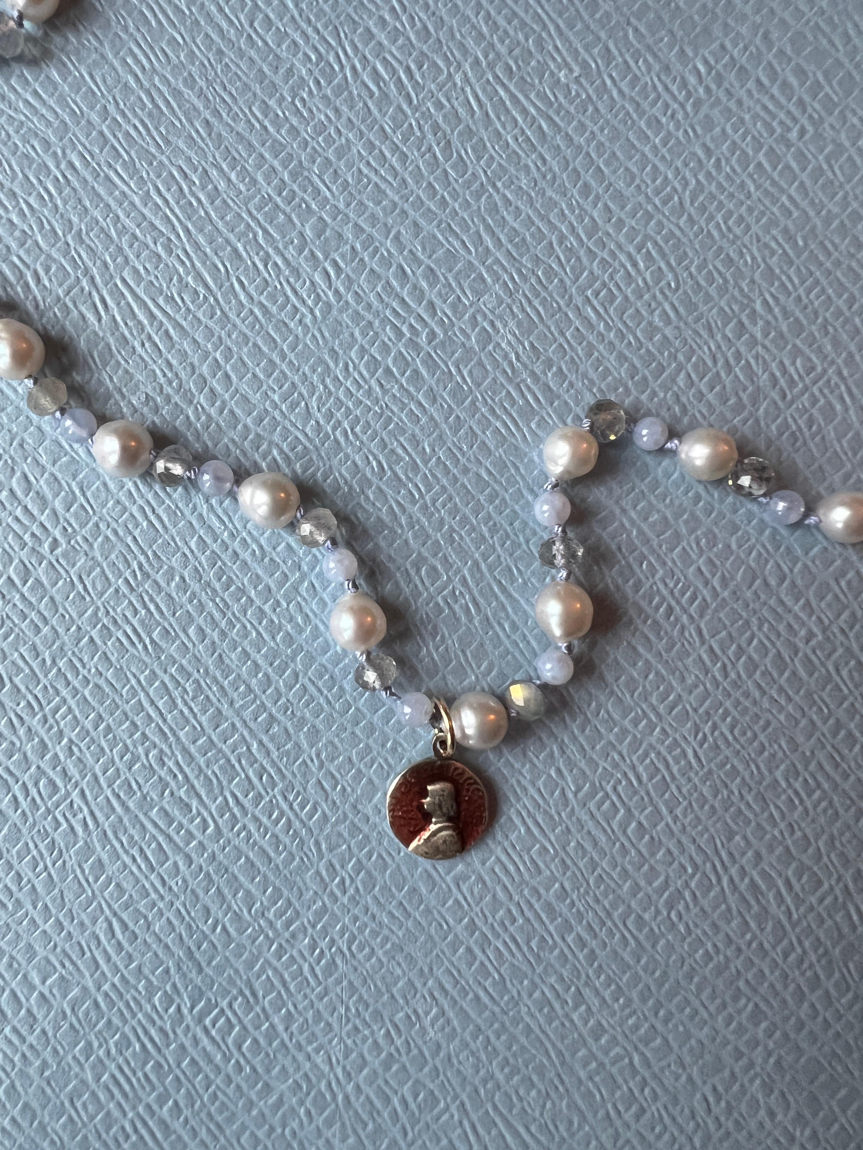 Pearl Choker Necklace Medal Light Blue Bead Labradorite Joan of Arc For Sale 2