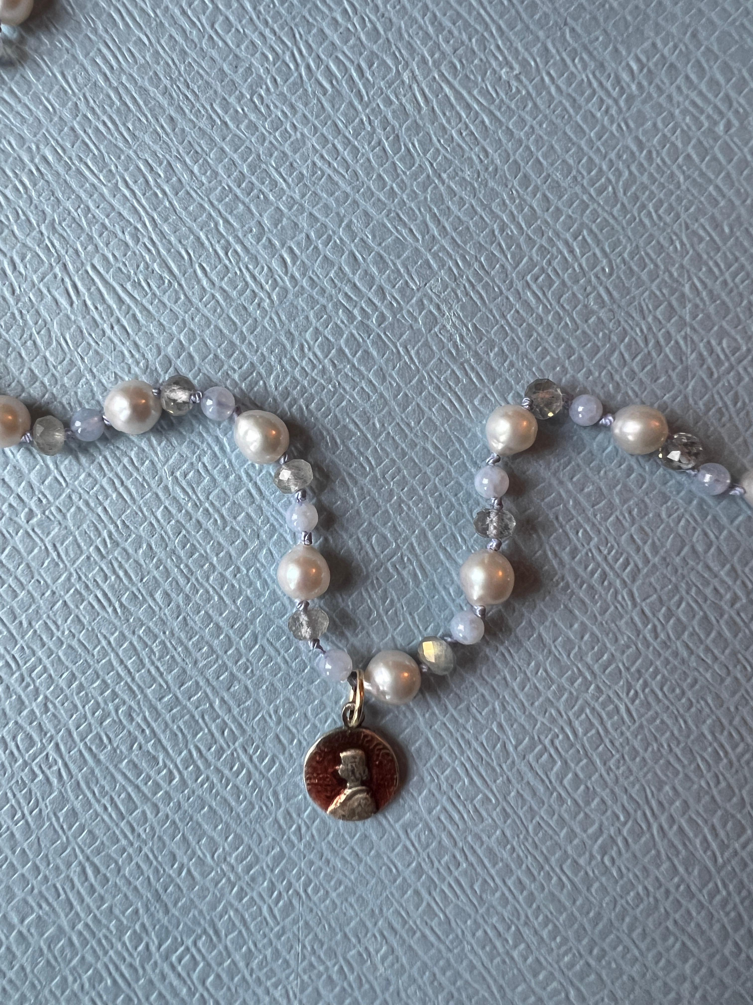 Pearl Choker Necklace Medal Light Blue Bead Labradorite Joan of Arc For Sale 3
