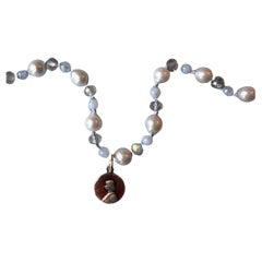 Pearl Choker Necklace Medal Light Blue Bead Labradorite Joan of Arc