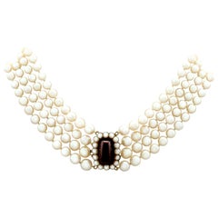Pearl Choker with Garnet and Pearl Yellow Gold Clasp