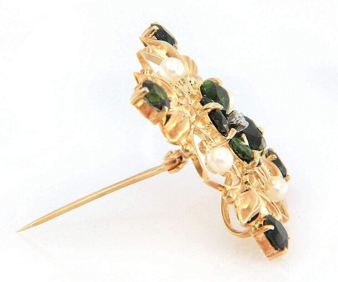 Round Cut Pearl, Chrome Diopside and Diamond Brooch Pendant in 14K Yellow Gold For Sale