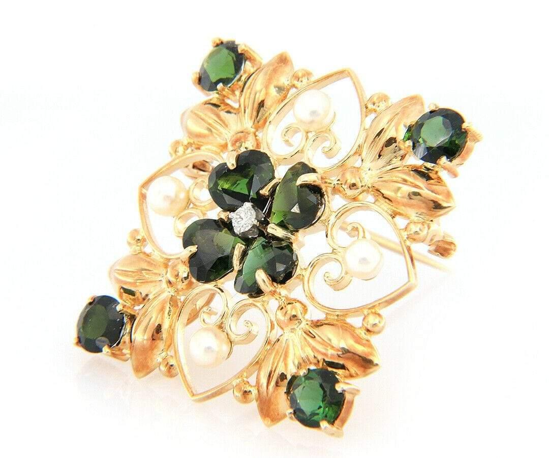 Pearl, Chrome Diopside and Diamond Brooch Pendant in 14K Yellow Gold In Excellent Condition For Sale In Vienna, VA