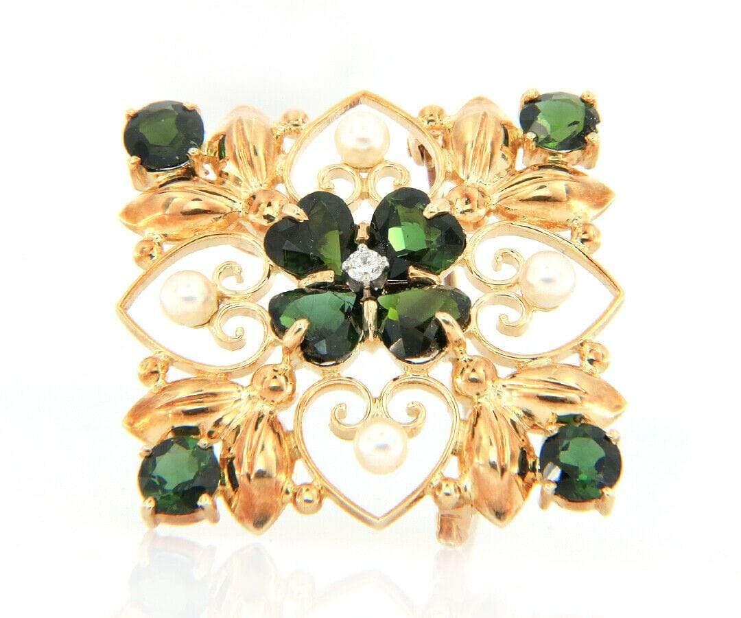Women's Pearl, Chrome Diopside and Diamond Brooch Pendant in 14K Yellow Gold For Sale