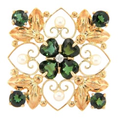 Pearl, Chrome Diopside and Diamond Brooch Pendant in 14K Yellow Gold