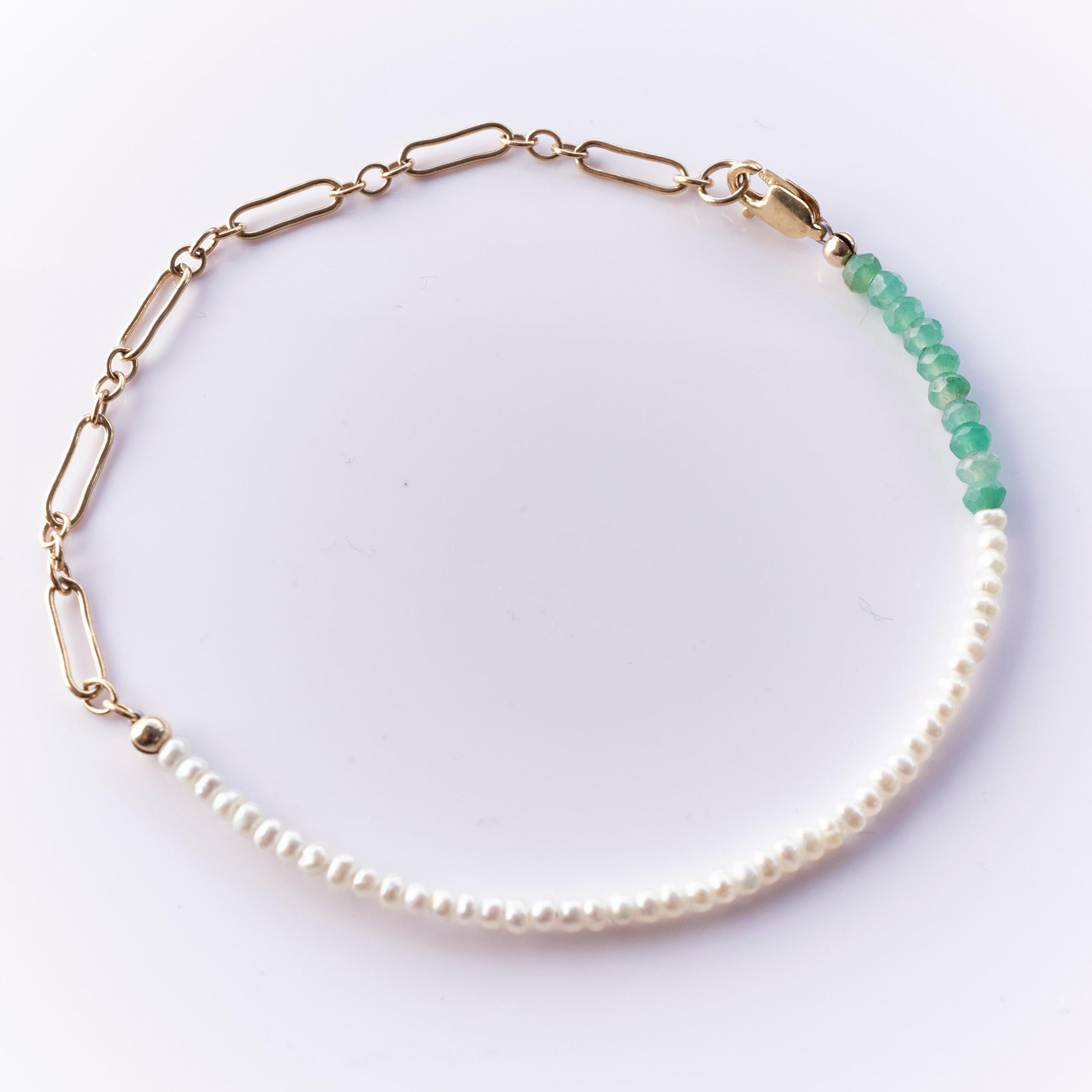 Women's Pearl Chrysoprase Bead Bracelet Gold Filled Chain J Dauphin For Sale