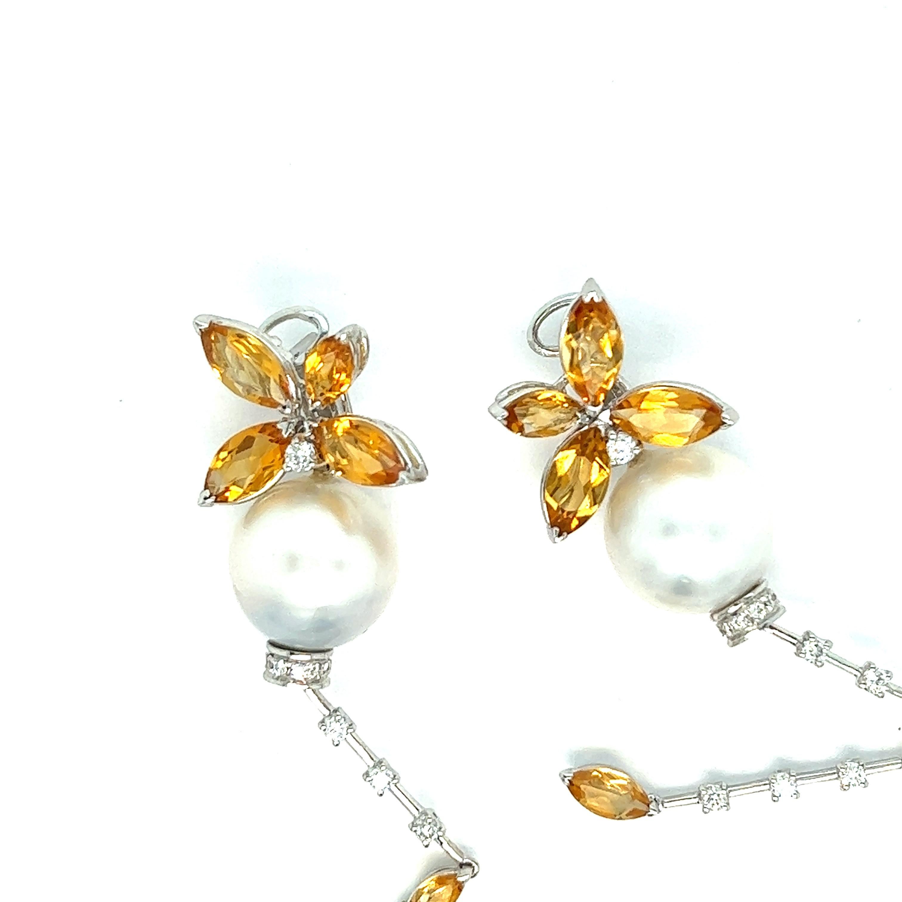 Perle-Zitrin-Diamant-Tropfen-Ohrringe  (Gemischter Schliff) im Angebot
