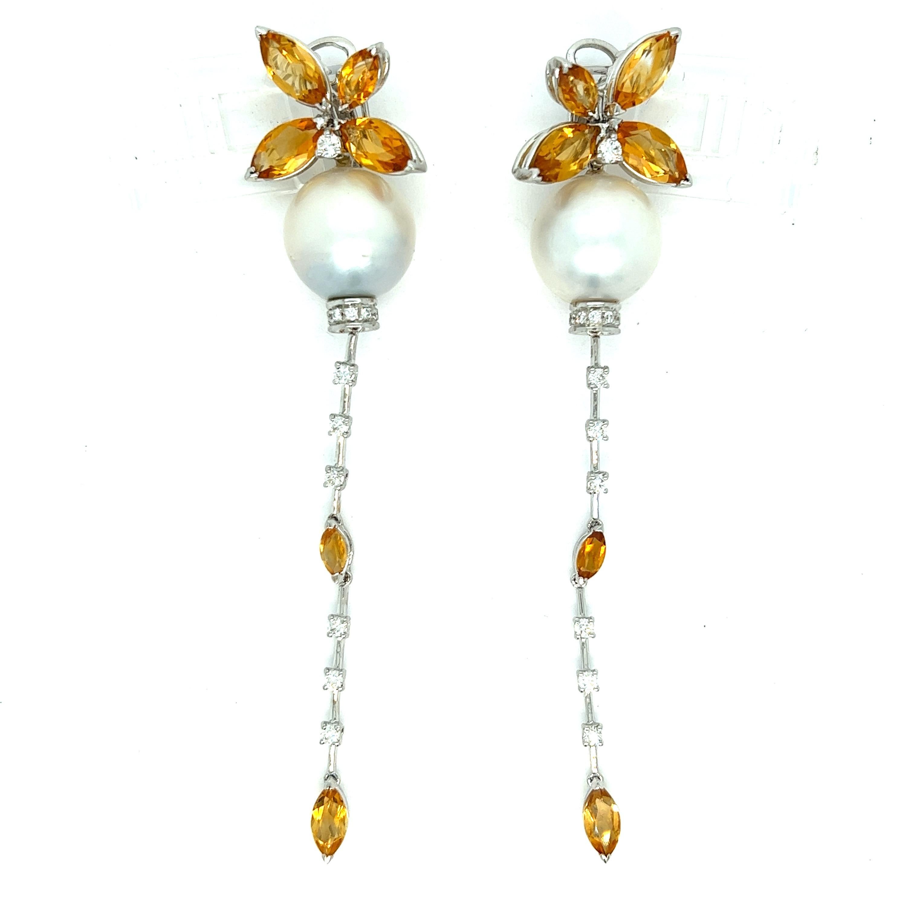 Pearl Citrine Diamond Drop Earrings  For Sale 1