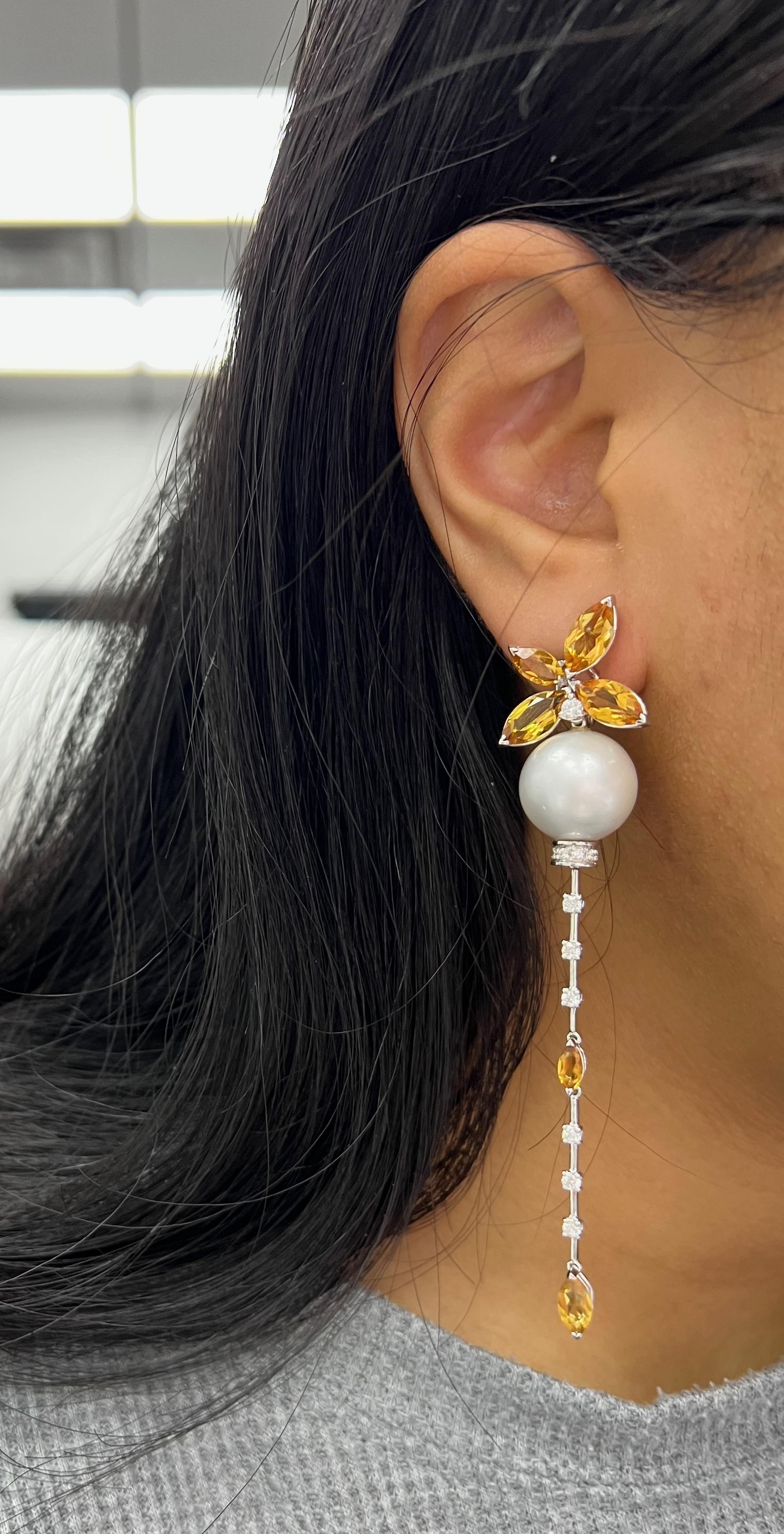 Perle-Zitrin-Diamant-Tropfen-Ohrringe  im Angebot 3