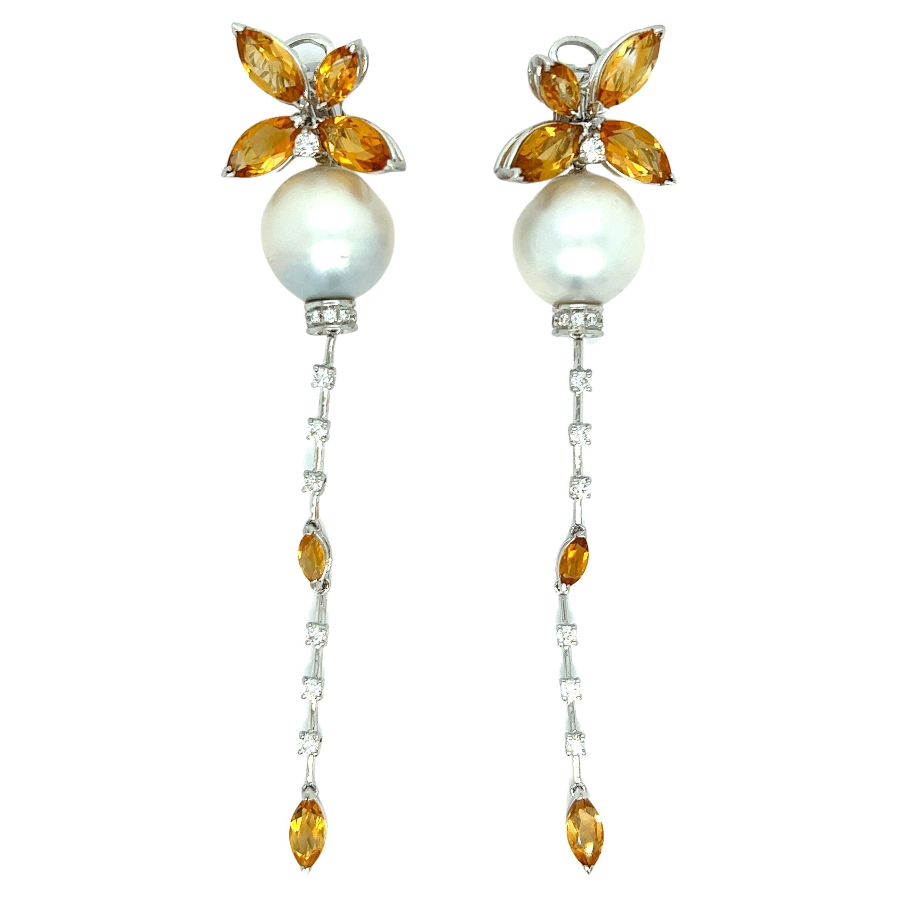 Perle-Zitrin-Diamant-Tropfen-Ohrringe  im Angebot