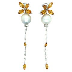 Antique Pearl Citrine Diamond Drop Earrings 