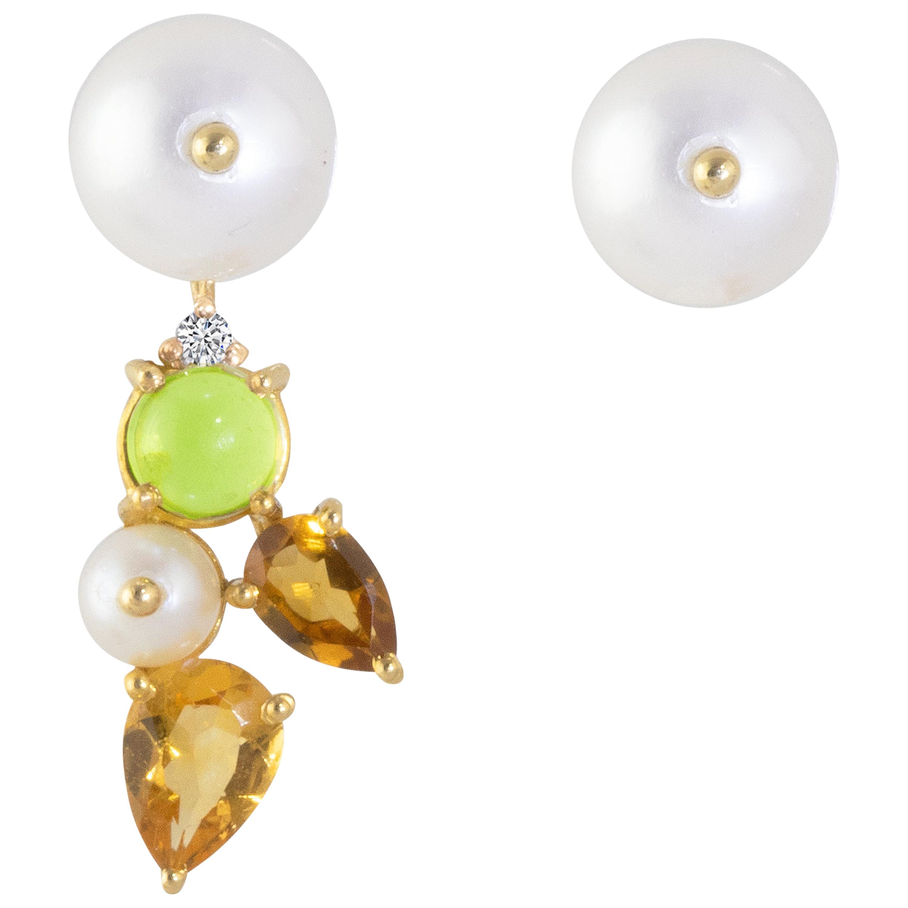 Ico & der Vogel 18 Karat Gold-Ohrringe mit Perlen, Citrin, Peridot und Diamant