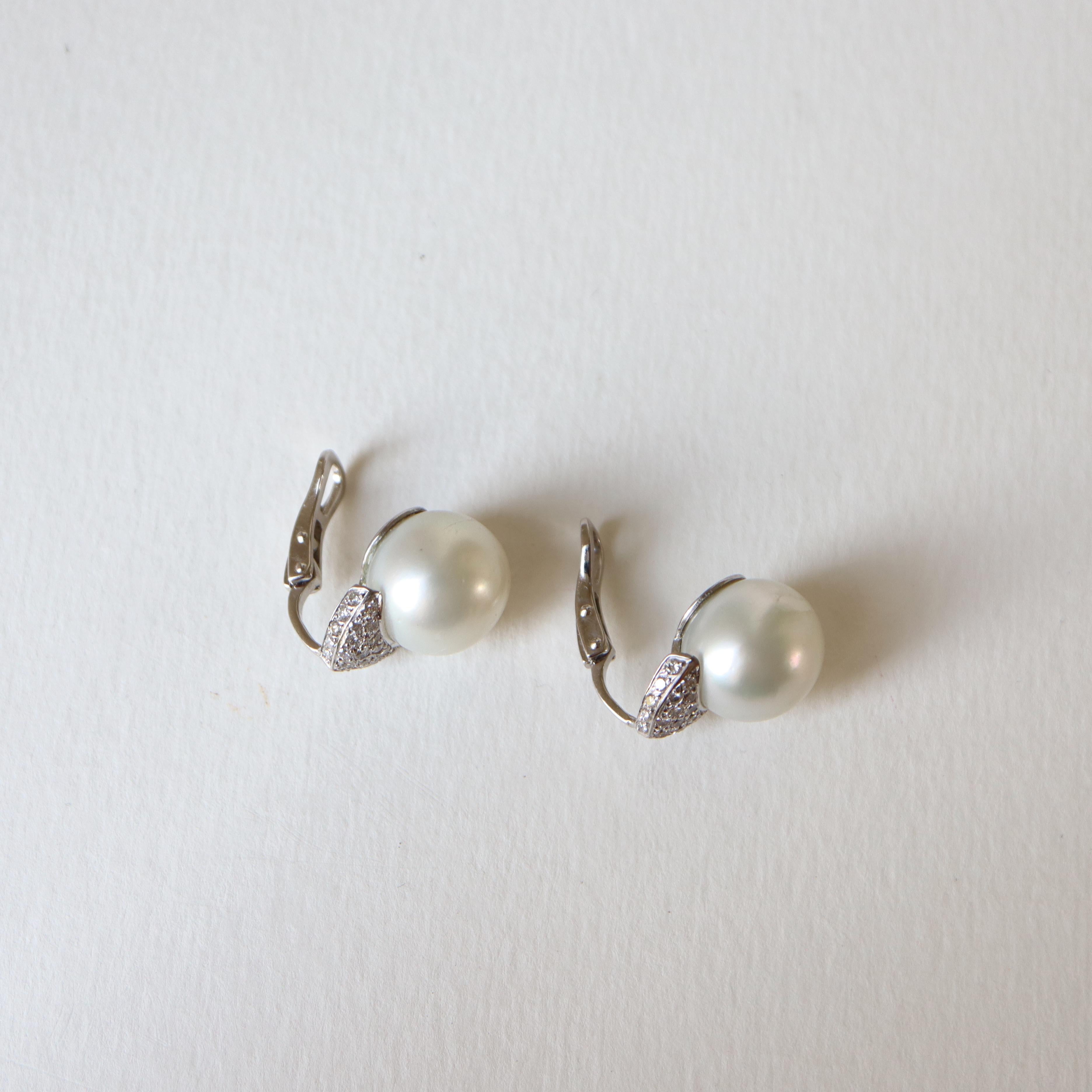 Romantic Pearl Clip Earrings 18 Carat White Gold Set with 0.7 Carat of Diamonds For Sale