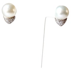Pearl Clip Earrings 18 Carat White Gold Set with 0.7 Carat of Diamonds