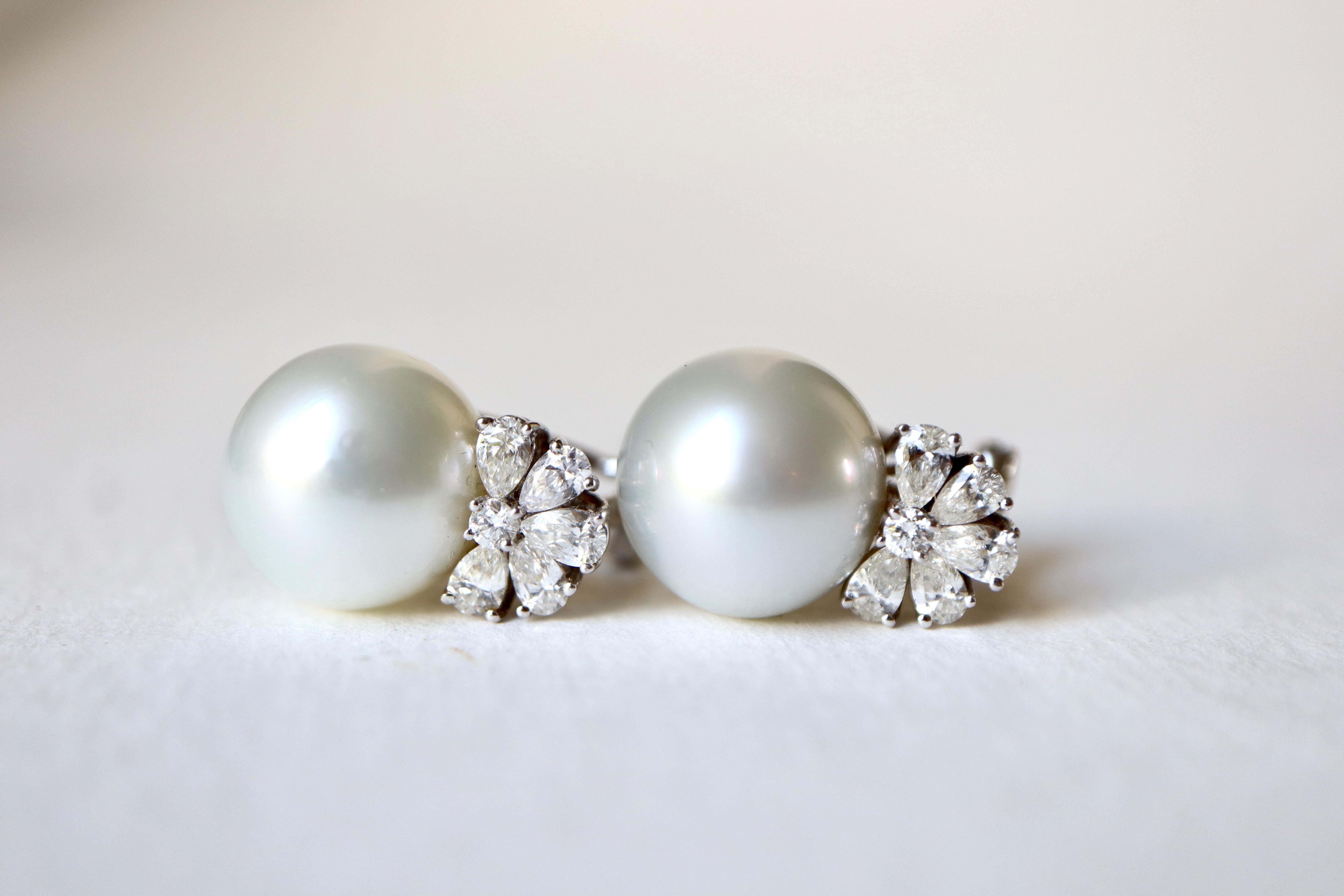Romantic Pearl Clip Earrings 18 Carat White Gold Set with 1.4 Carat of Diamonds