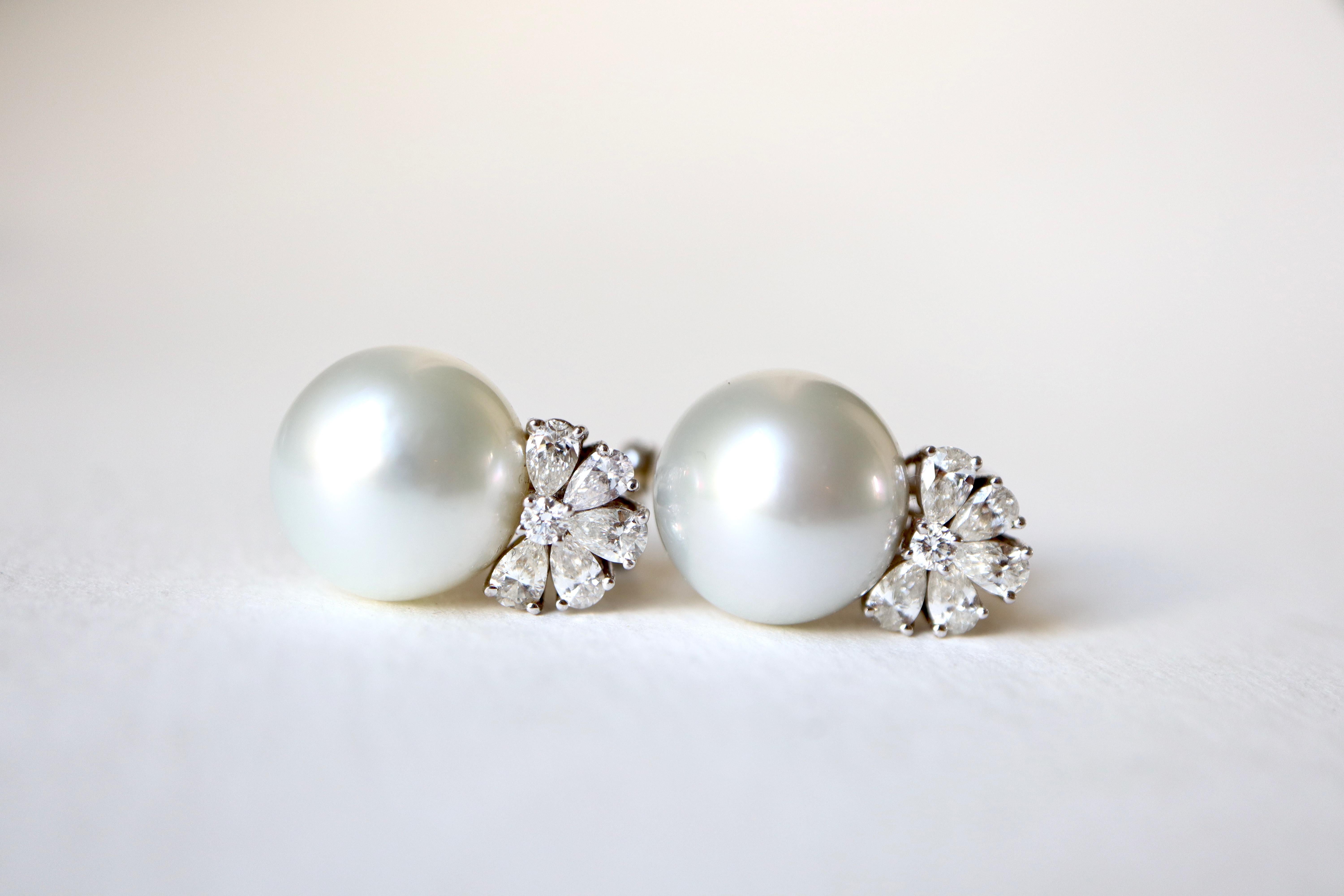 Pearl Clip Earrings 18 Carat White Gold Set with 1.4 Carat of Diamonds 1