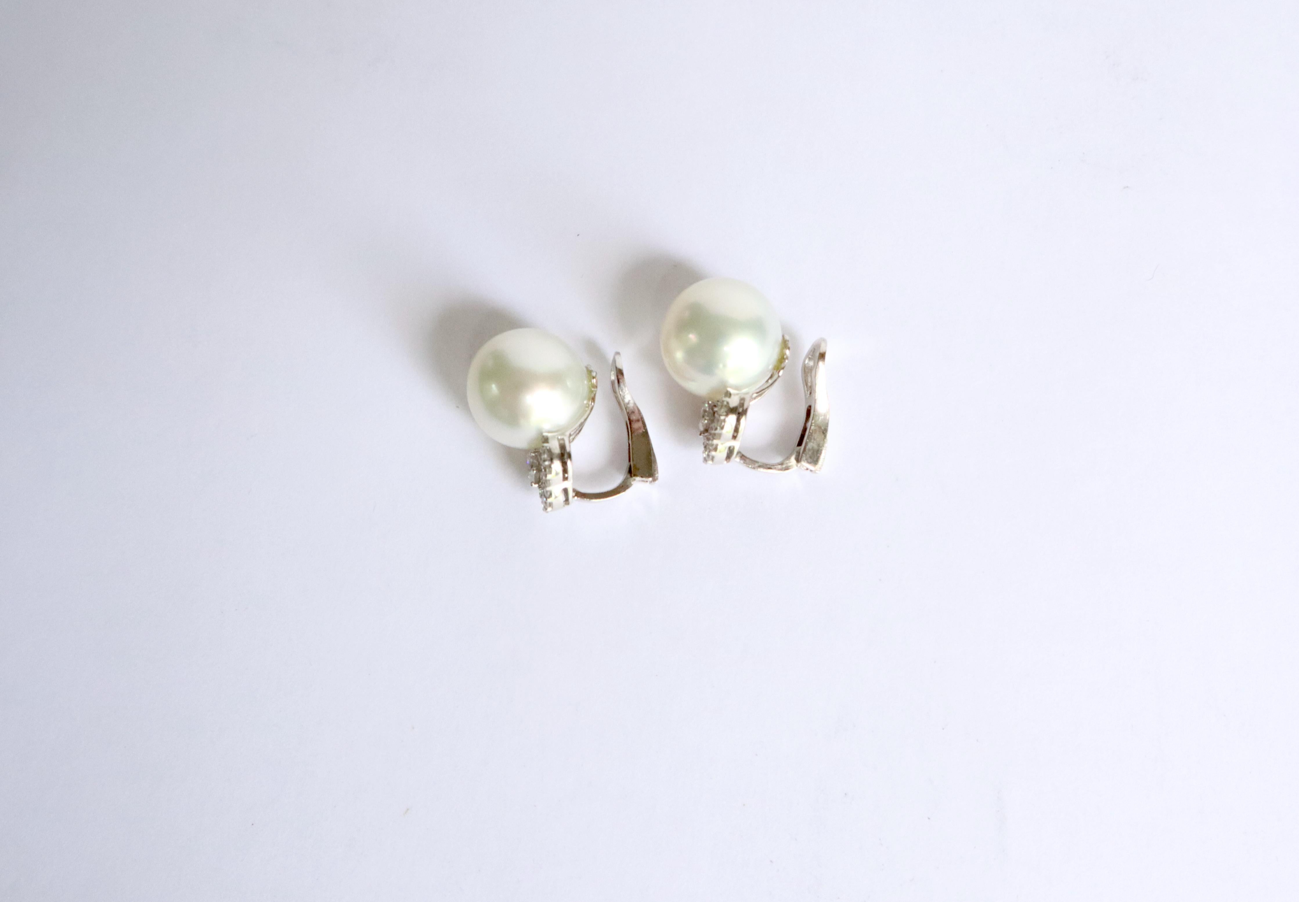 Women's Pearl Clip Earrings 18 Carat White Gold Set with Diamonds For Sale