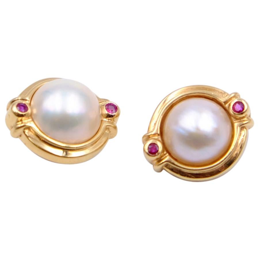 Pearl Clip On Earrings 14K Gold Ruby