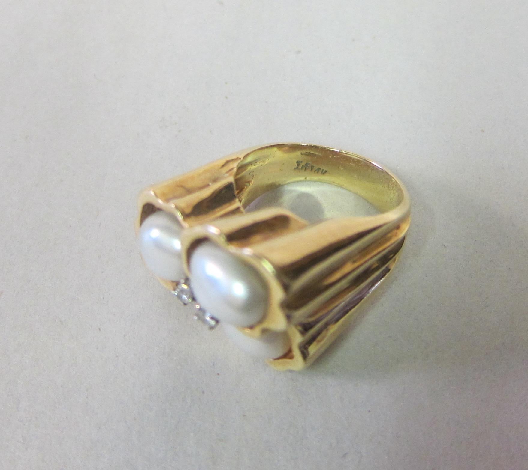 Late 20th Century Pearl Cluster & Diamond 14K Gold Ring