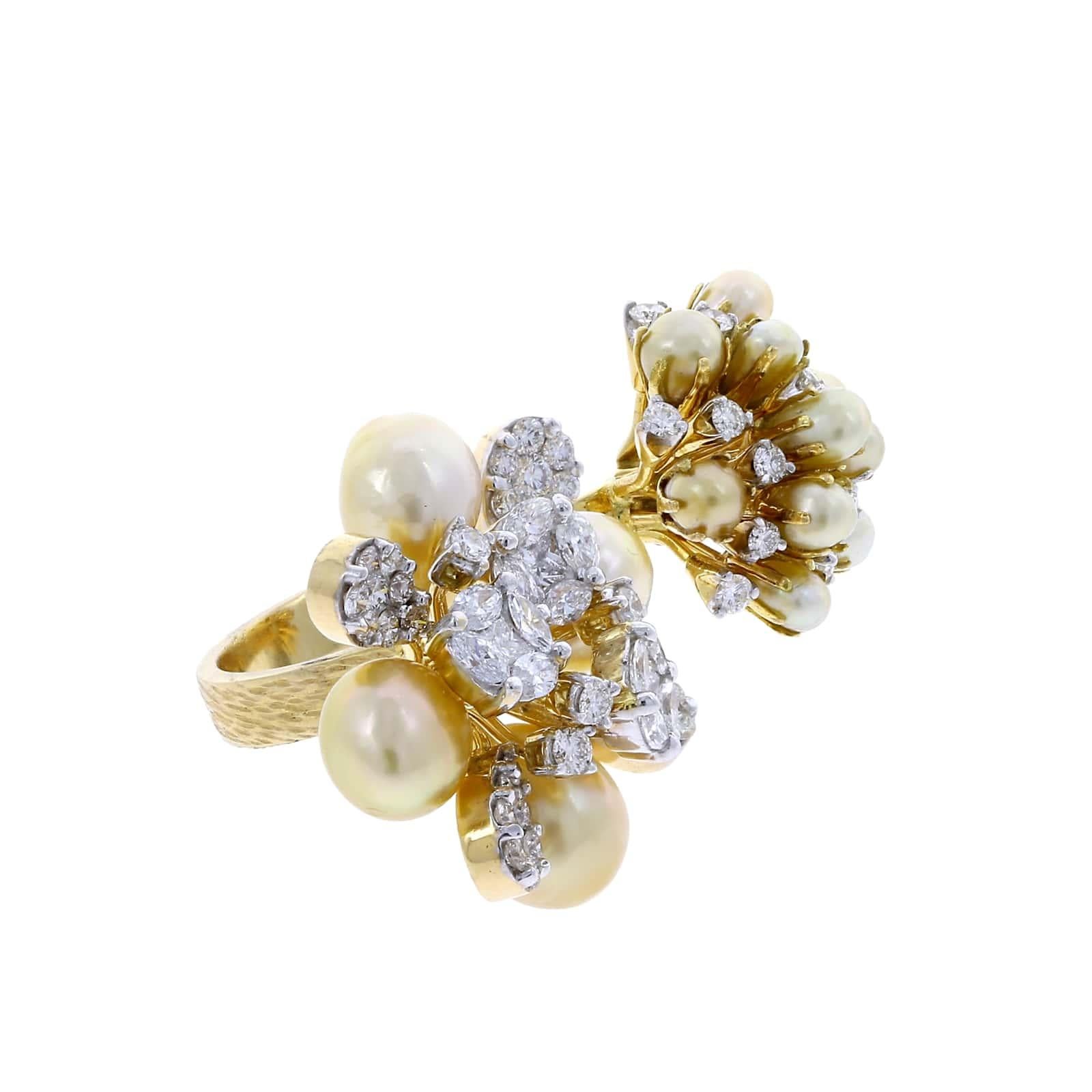 Women's or Men's Pearl Clusters Open Ring with Mixed Cut Diamonds, 18 Karat Gold