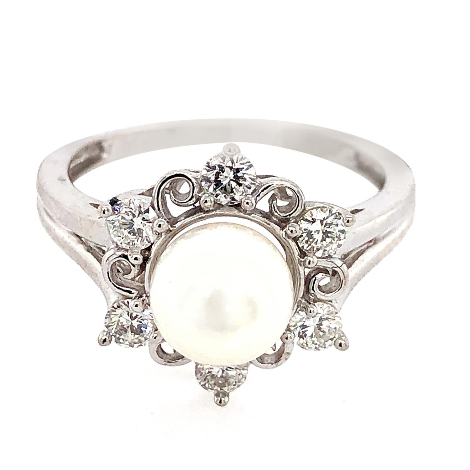 Anillo de Cóctel de Perlas con Diamantes de Oro Blanco de 18k Corte mixto en venta