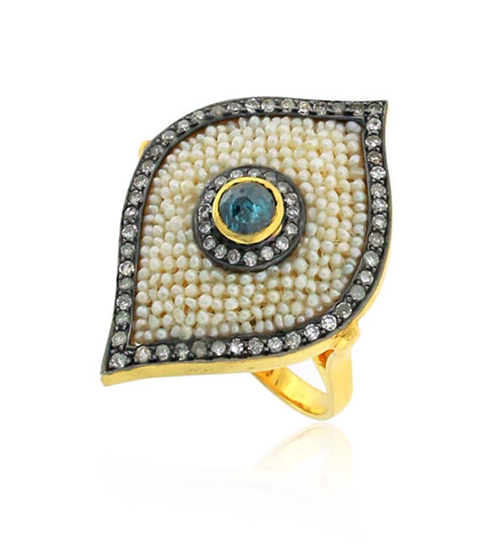 Mixed Cut Pearl Cocktail Ring With Diamonds Made In 18k Yellow Gold & Silver For Sale