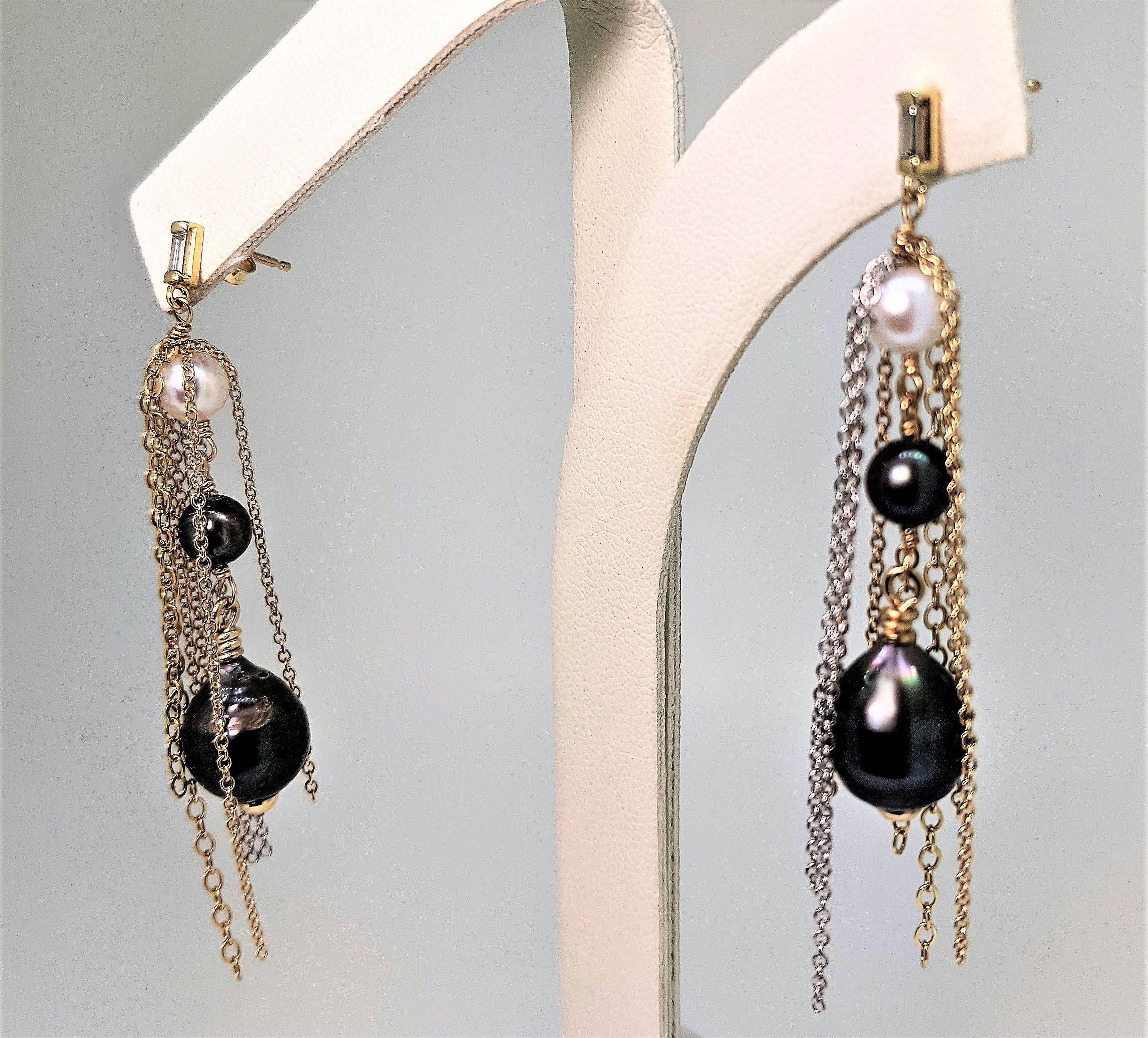 These earrings are a little dainty, a little funky and elegant, fun and edgy. These are special one-of-a-kind earrings and they were created to show movement, textures and to have fun with pearls. Pearls definitely do not have to be classic to be