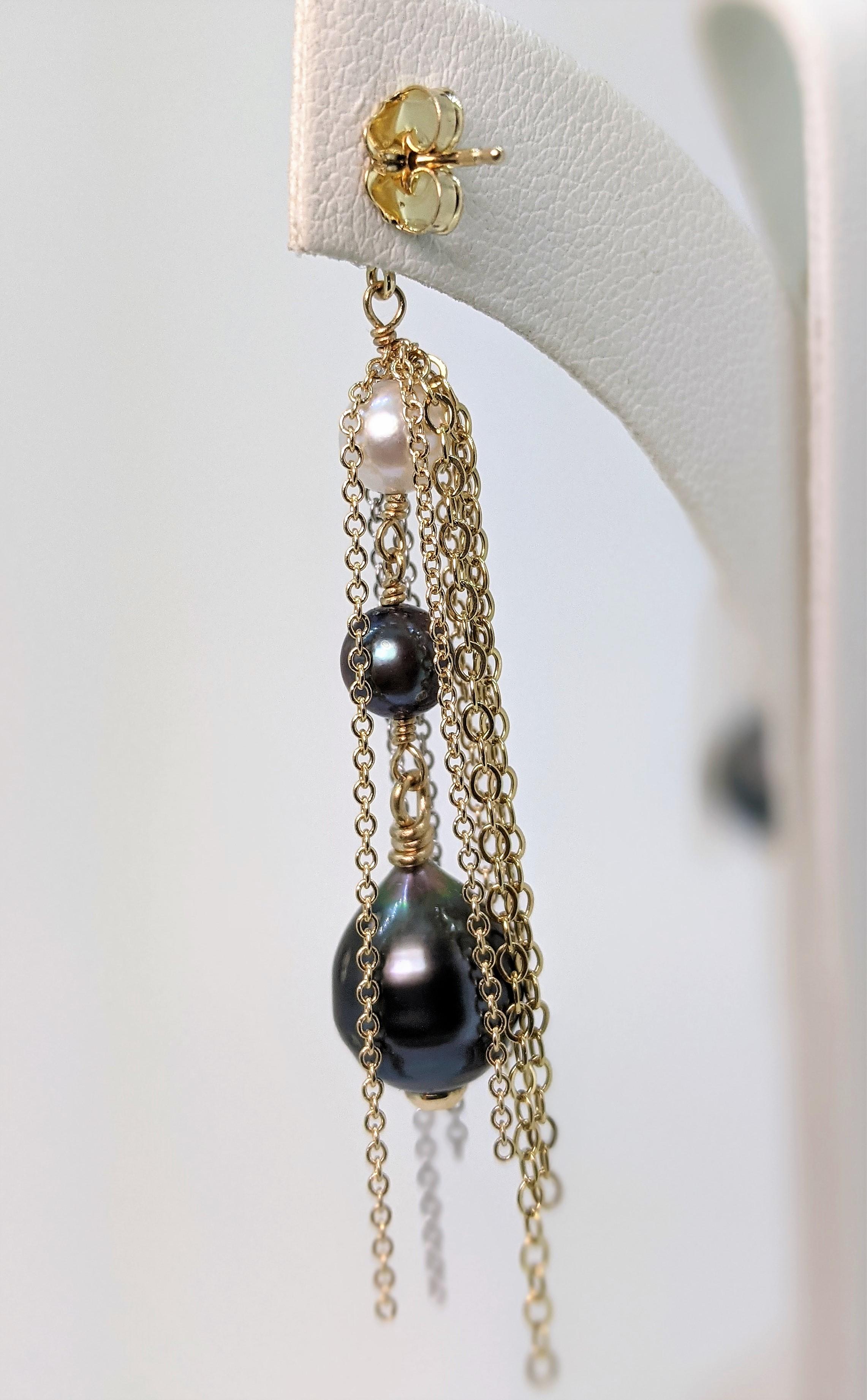 Contemporary Pearl Comet Earrings in 14ky with Diamond Baguette and Gold and Silver Chains