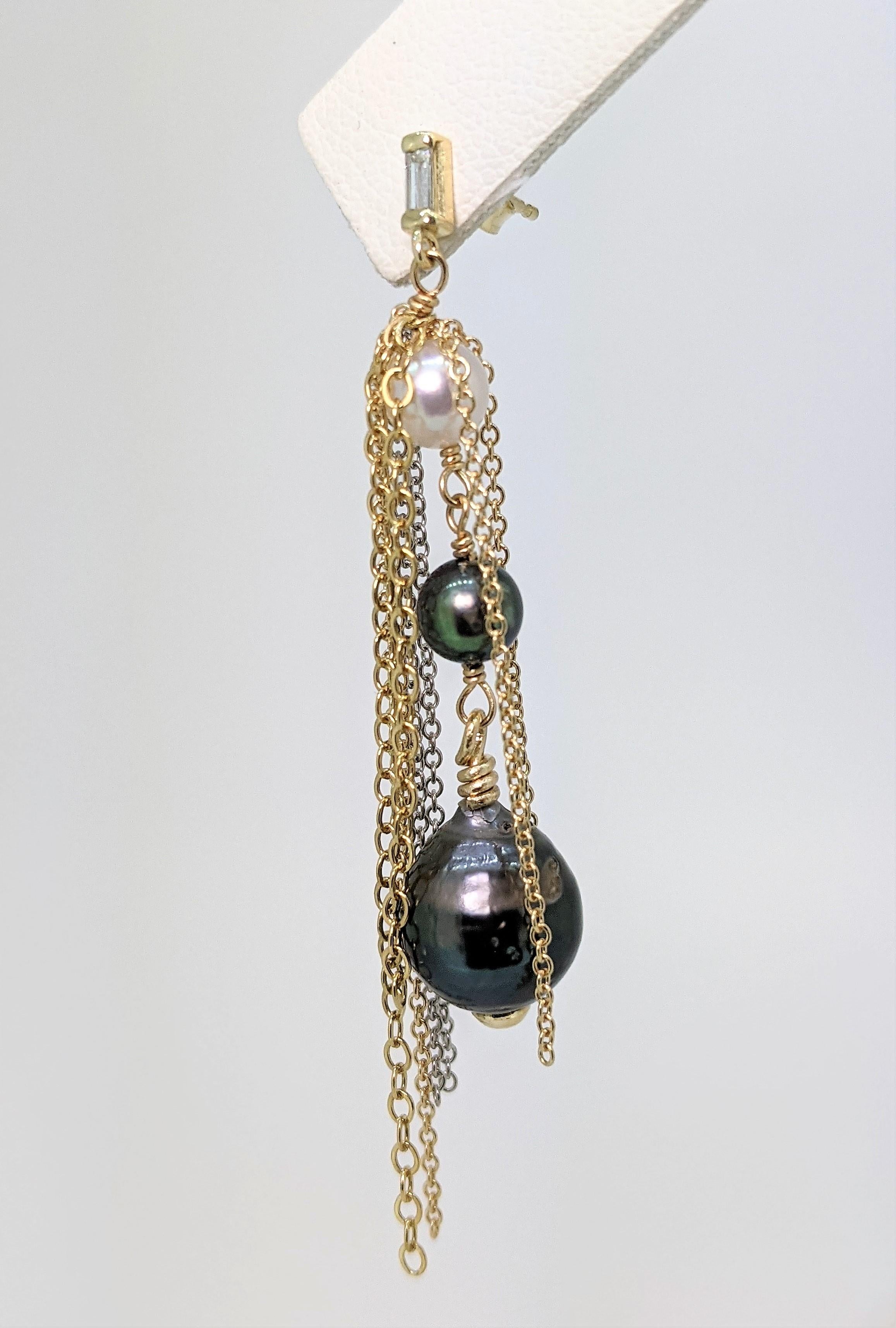Baguette Cut Pearl Comet Earrings in 14ky with Diamond Baguette and Gold and Silver Chains
