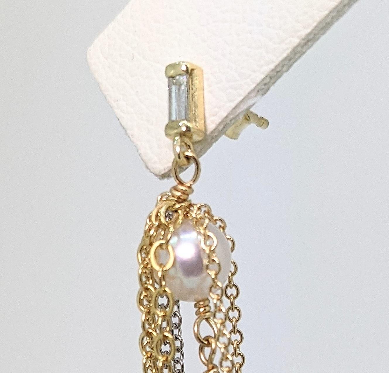 Pearl Comet Earrings in 14ky with Diamond Baguette and Gold and Silver Chains In New Condition In Carlisle, MA