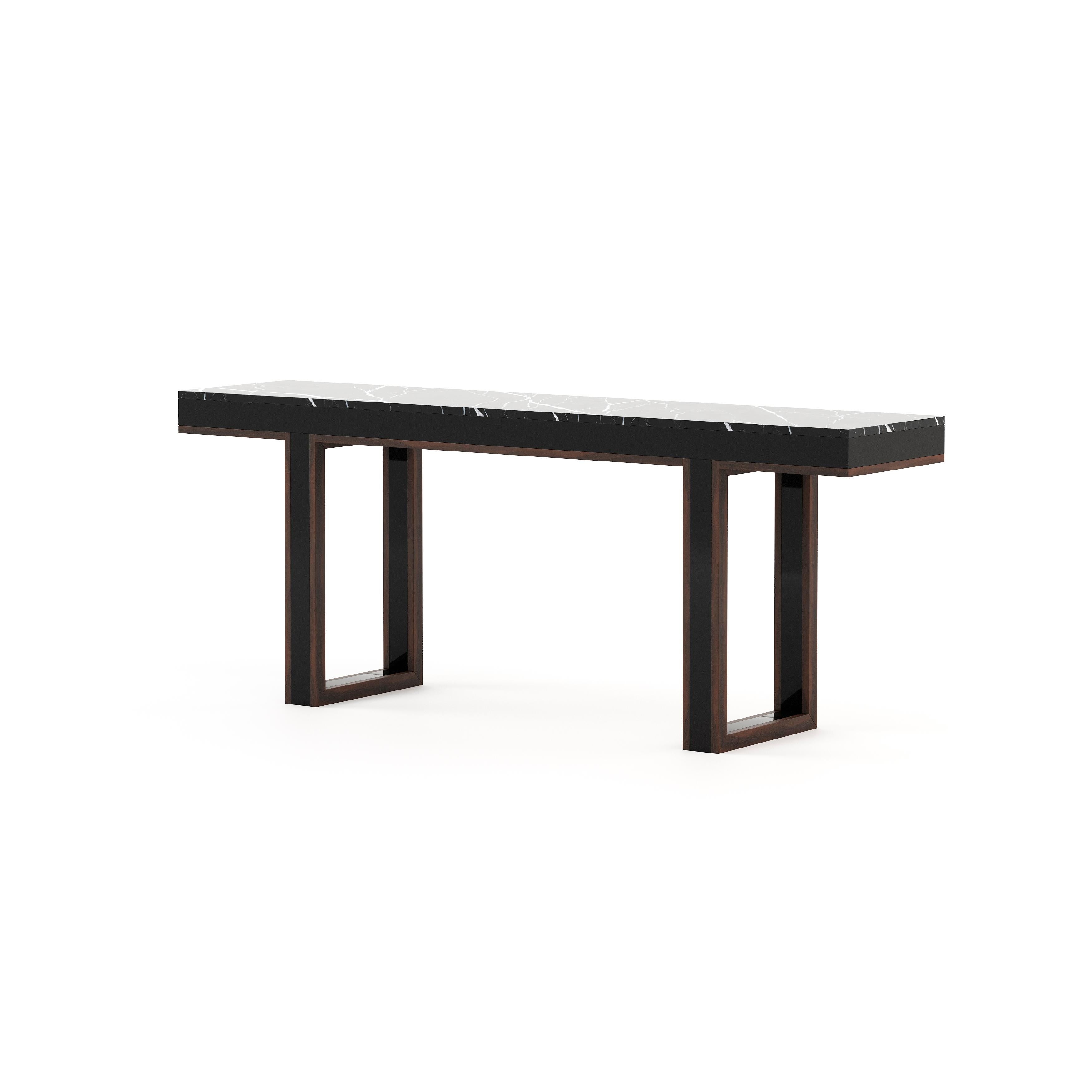 Modern Marble console table with customisable metal details and wood veneer For Sale