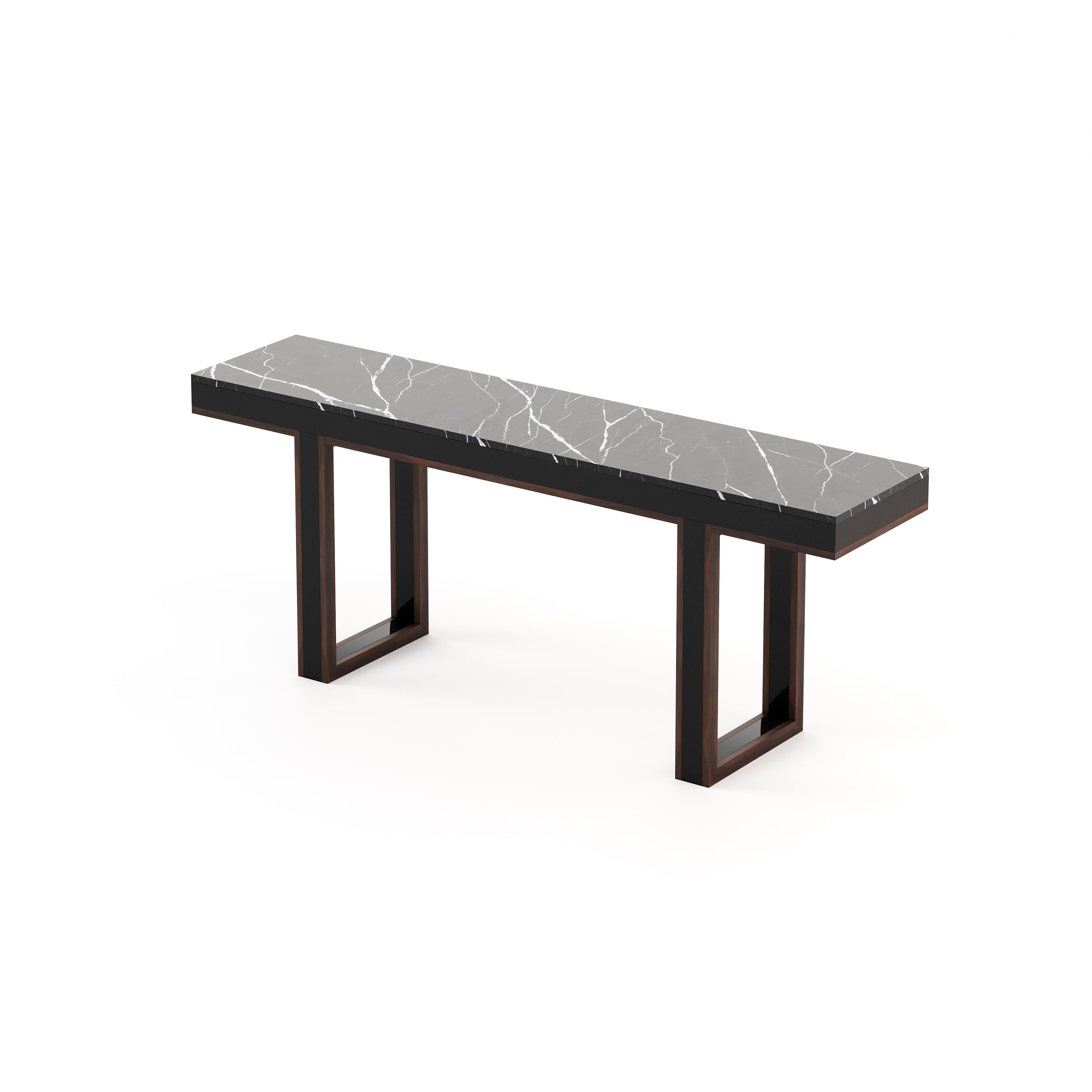 Portuguese Marble console table with customisable metal details and wood veneer For Sale
