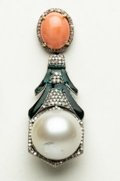 Pendientes Colgantes de Perla, Coral y Diamante