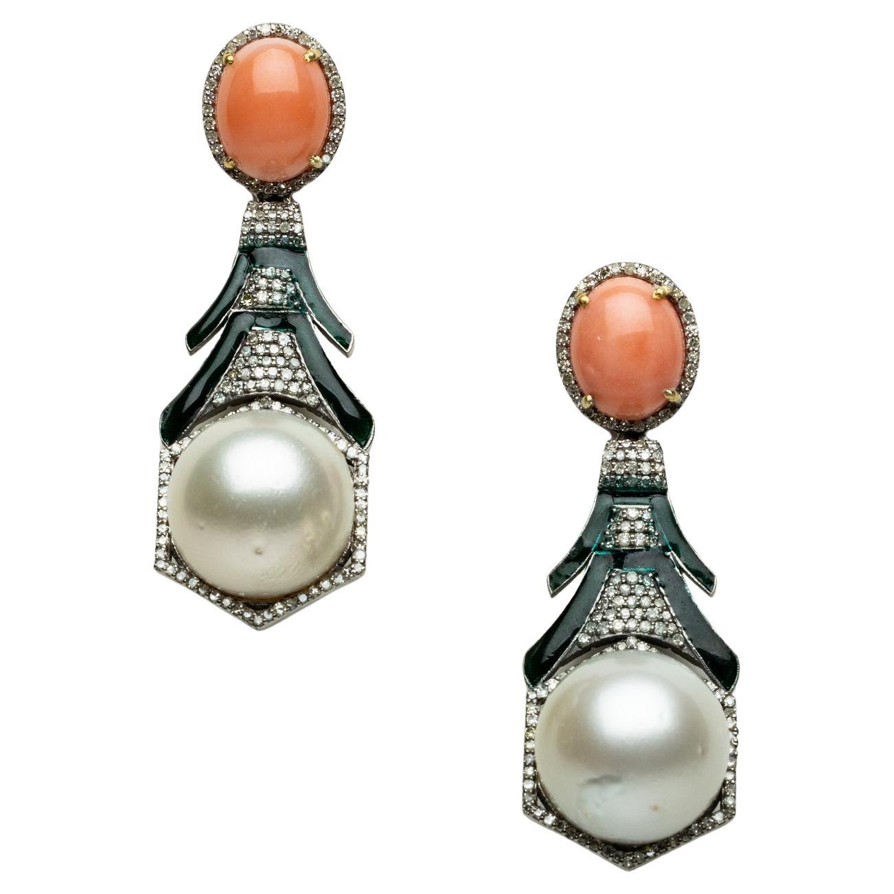 Orecchini pendenti in argento 925 con corallo e perle e diamanti, 0,80ct