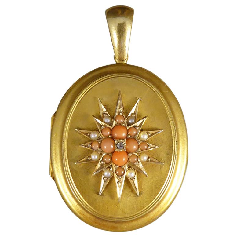 Pearl Coral and Diamond Late Victorian Locket in 15 Carat Yellow Gold