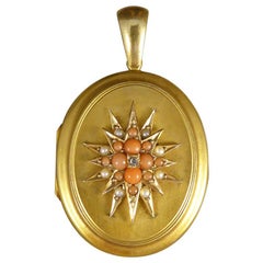 Pearl Coral and Diamond Late Victorian Locket in 15 Carat Yellow Gold