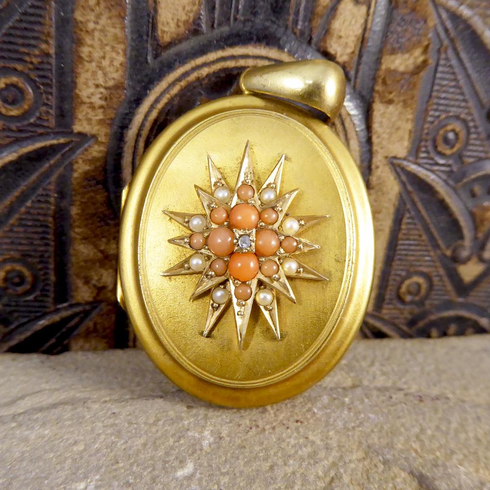 Pearl Coral and Diamond Late Victorian Locket in 15 Carat Yellow Gold 1
