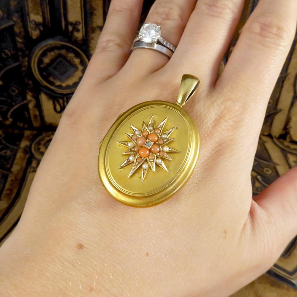 Pearl Coral and Diamond Late Victorian Locket in 15 Carat Yellow Gold 2