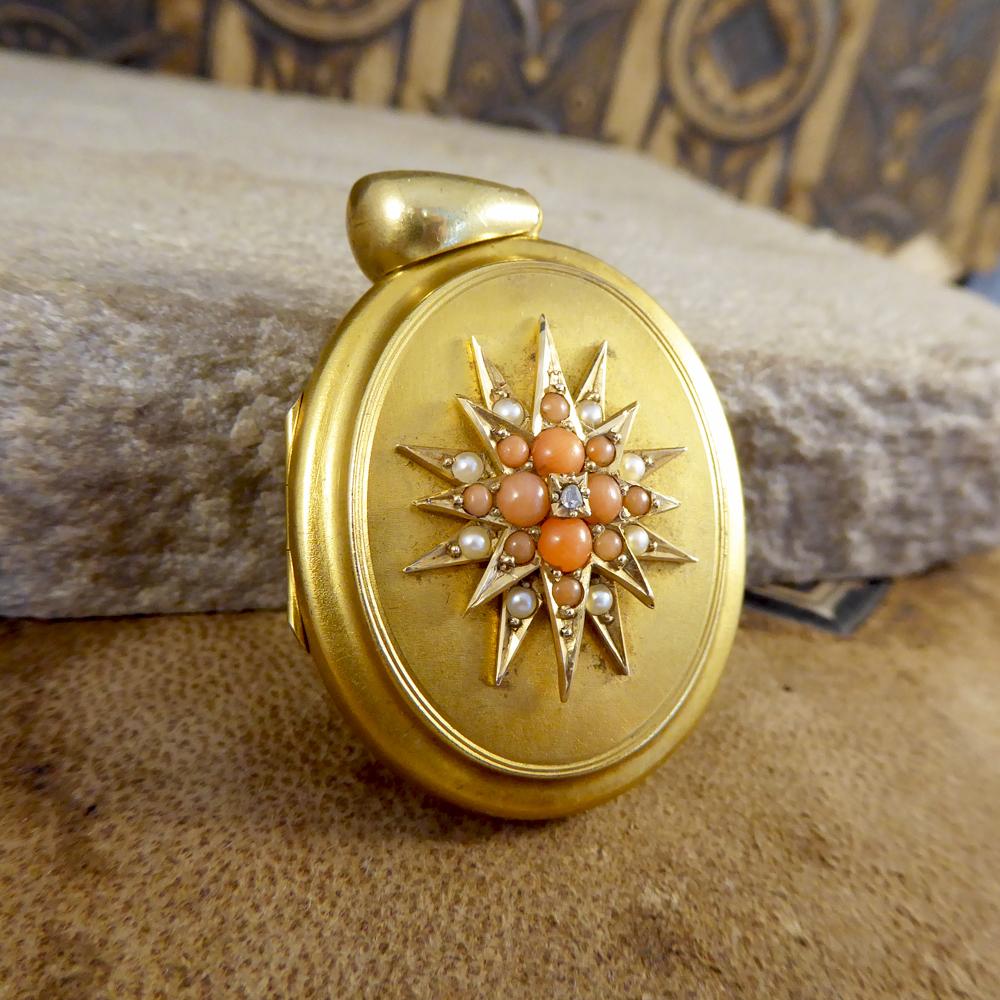 Pearl Coral and Diamond Late Victorian Locket in 15 Carat Yellow Gold 3