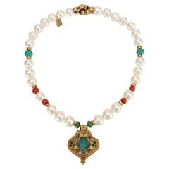 Vintage Pearl and Turquoise Necklace with a Tibetan Gau Gilt Silver Pendant Estate