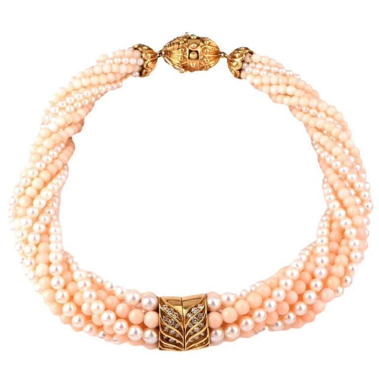 Pearl Coral Beads Diamond 18 Karat Gold Choker Necklace