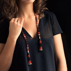 Art Deco Style Pearl Coral Onyx Ebony Long Necklace