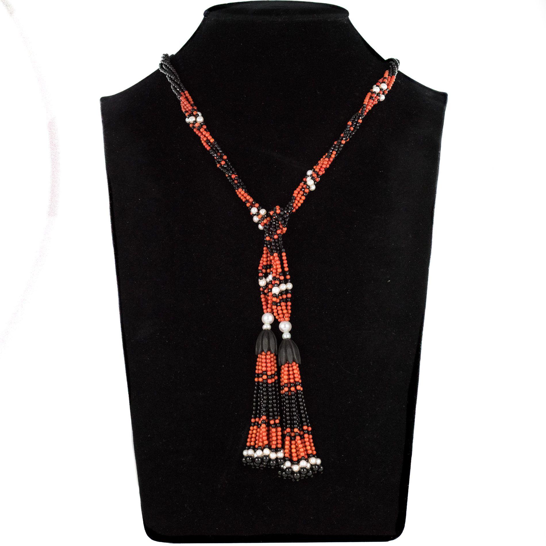Women's Art Deco Style Pearl Coral Onyx Ebony Long Necklace