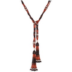 Art Deco Style Pearl Coral Onyx Ebony Long Necklace