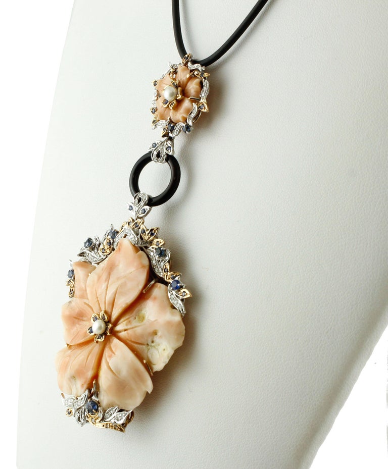 Pearl Coral Onyx Sapphire Diamond Gold Floral Pendant For Sale at 1stDibs