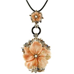 Pearl Coral Onyx Sapphire Diamond Gold Floral Pendant